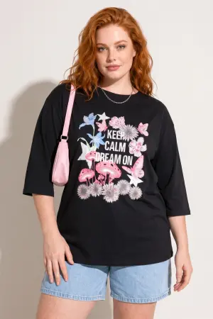 Büyük Beden Bisiklet Yaka Fakir Kol Pamuklu Baskılı T-Shirt - 1
