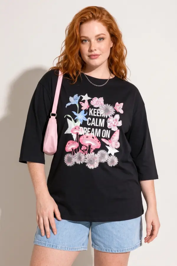 Büyük Beden Bisiklet Yaka Fakir Kol Pamuklu Baskılı T-Shirt - 1