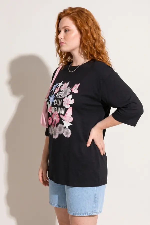 Büyük Beden Bisiklet Yaka Fakir Kol Pamuklu Baskılı T-Shirt - 2