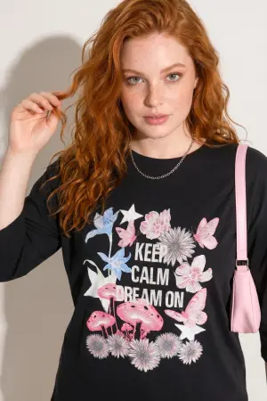 Büyük Beden Bisiklet Yaka Fakir Kol Pamuklu Baskılı T-Shirt - 3