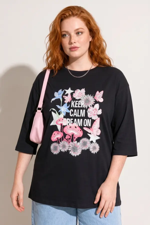 Büyük Beden Bisiklet Yaka Fakir Kol Pamuklu Baskılı T-Shirt - 4