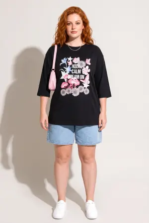 Büyük Beden Bisiklet Yaka Fakir Kol Pamuklu Baskılı T-Shirt - 5