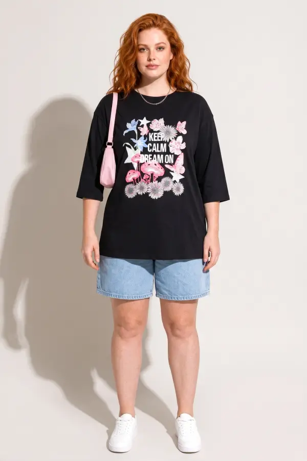 Büyük Beden Bisiklet Yaka Fakir Kol Pamuklu Baskılı T-Shirt - 5