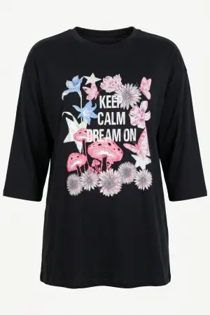 Büyük Beden Bisiklet Yaka Fakir Kol Pamuklu Baskılı T-Shirt - 8