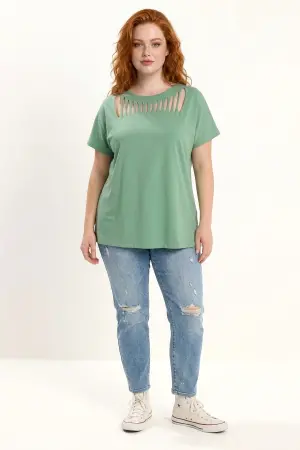 Büyük Beden Bisiklet Yaka Kesik Detaylı Oversize Tişört - 4
