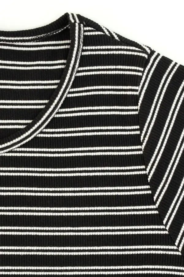 Büyük Beden Bisiklet Yaka Kısa Kollu Fitilli Çizgili Tunik Bluz - 5