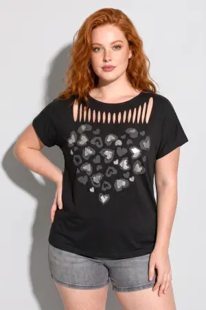 Büyük Beden Bisiklet Yaka Lazer Kesim Baskılı Pamuk T Shirt - 1