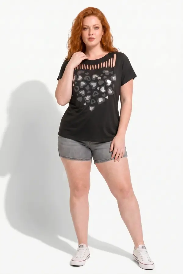 Büyük Beden Bisiklet Yaka Lazer Kesim Baskılı Pamuk T Shirt - 2