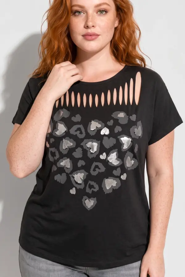 Büyük Beden Bisiklet Yaka Lazer Kesim Baskılı Pamuk T Shirt - 3