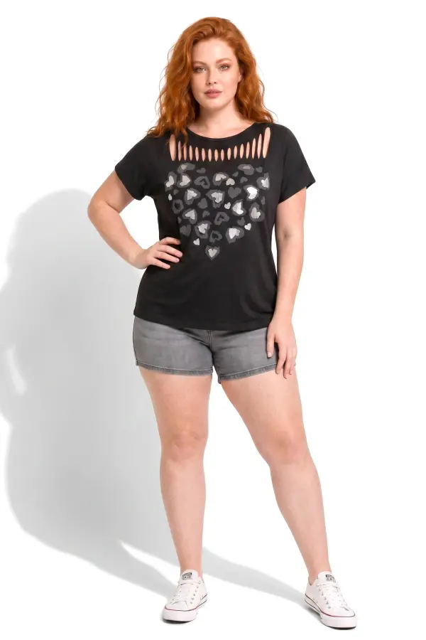Büyük Beden Bisiklet Yaka Lazer Kesim Baskılı Pamuk T Shirt - 5