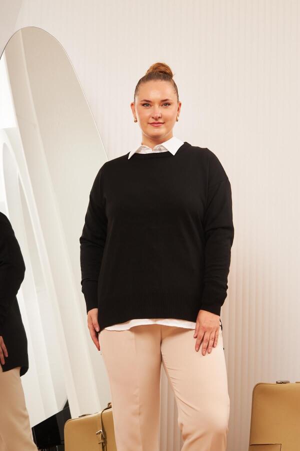 Büyük Beden Bisiklet Yaka Triko Kazak Siyah - 1