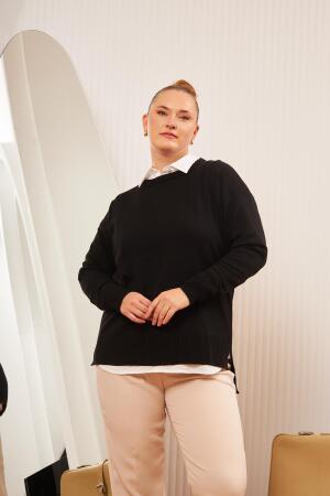 Büyük Beden Bisiklet Yaka Triko Kazak Siyah - 3