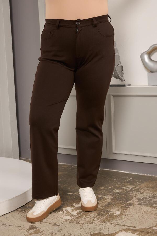 Büyük Beden Boru Paça Çelik Örme Pantolon Kahve - 3