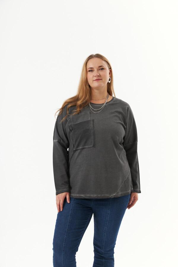 Büyük Beden Cep Detay Parça Boya Sweatshirt Füme - 1