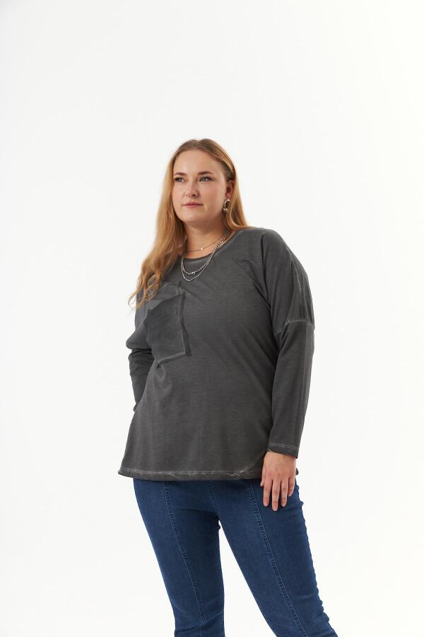 Büyük Beden Cep Detay Parça Boya Sweatshirt Füme - 2