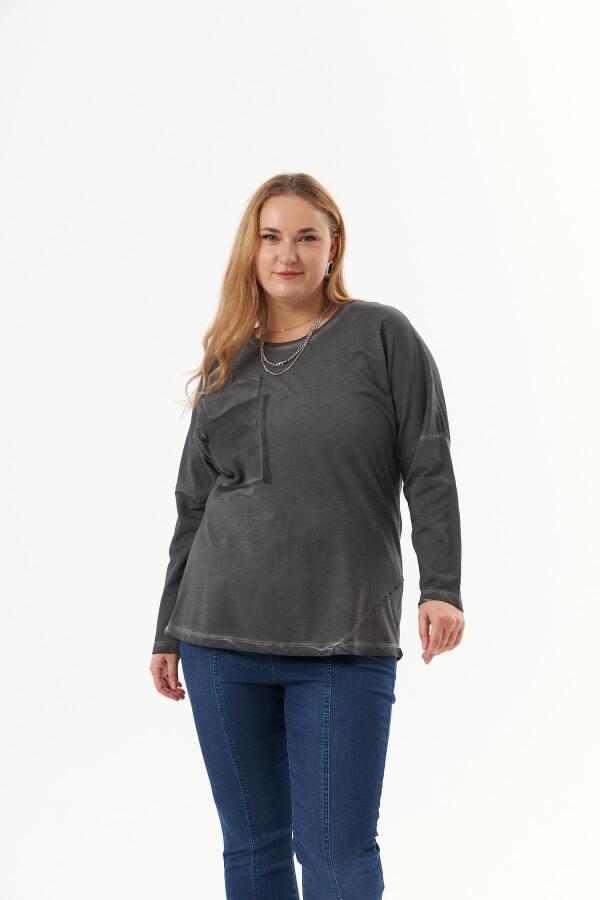 Büyük Beden Cep Detay Parça Boya Sweatshirt Füme - 3
