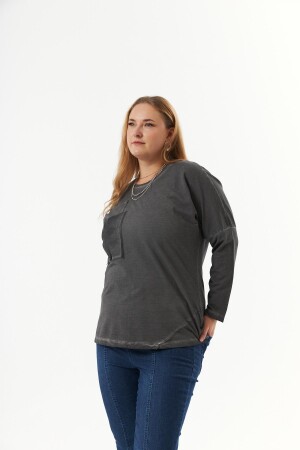 Büyük Beden Cep Detay Parça Boya Sweatshirt Füme - 4