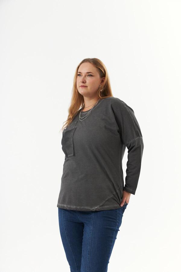 Büyük Beden Cep Detay Parça Boya Sweatshirt Füme - 4