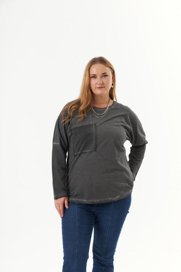 Büyük Beden Cep Detay Parça Boya Sweatshirt Füme - 5