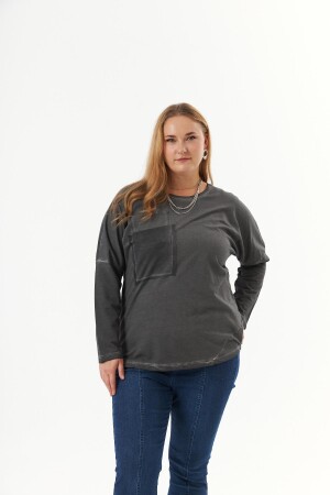Büyük Beden Cep Detay Parça Boya Sweatshirt Füme - 5