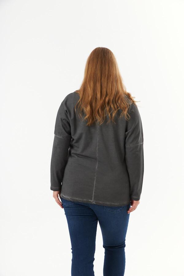 Büyük Beden Cep Detay Parça Boya Sweatshirt Füme - 7