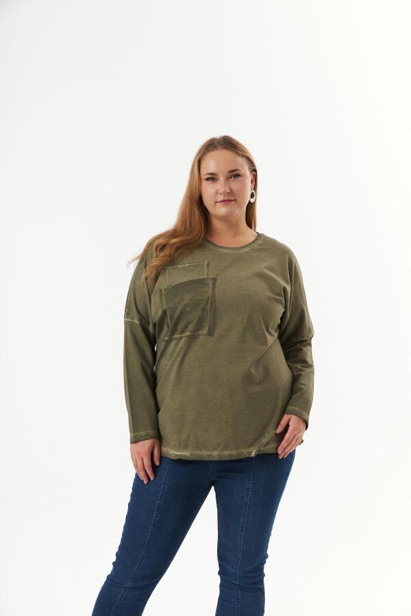 Büyük Beden Cep Detay Parça Boya Sweatshirt Haki - 1