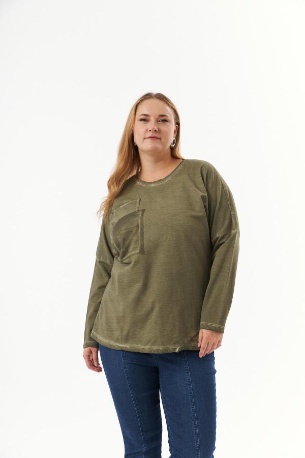 Büyük Beden Cep Detay Parça Boya Sweatshirt Haki - 2