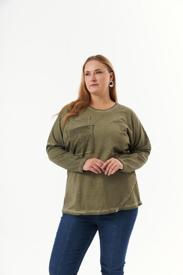 Büyük Beden Cep Detay Parça Boya Sweatshirt Haki - 3