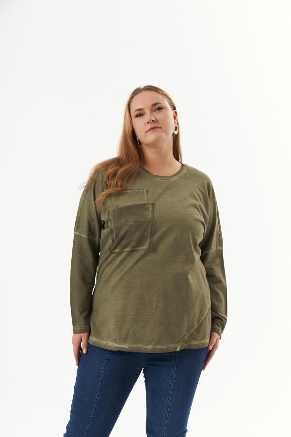 Büyük Beden Cep Detay Parça Boya Sweatshirt Haki - 5
