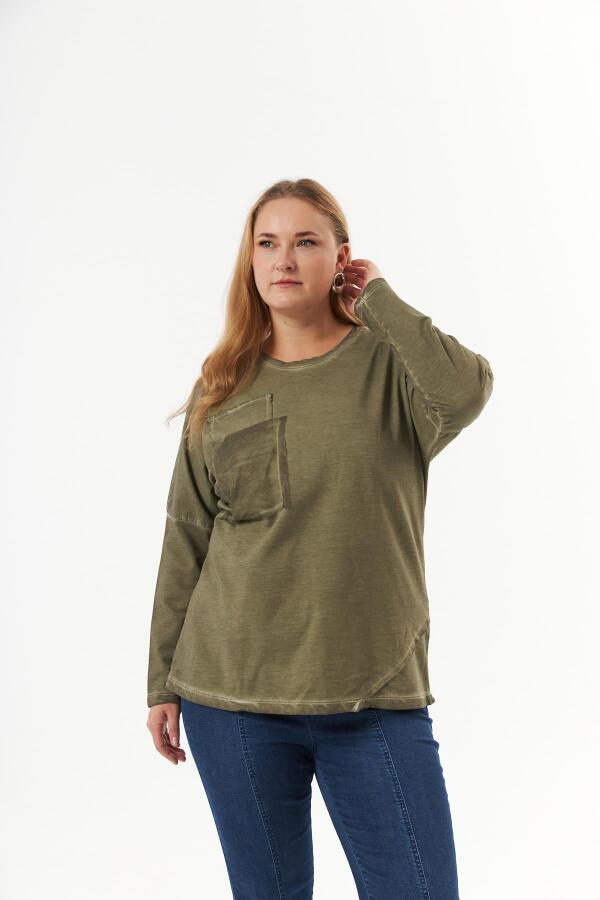Büyük Beden Cep Detay Parça Boya Sweatshirt Haki - 4