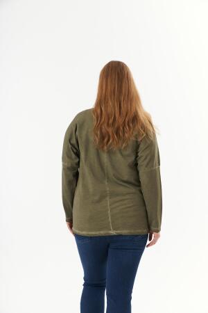 Büyük Beden Cep Detay Parça Boya Sweatshirt Haki - 7