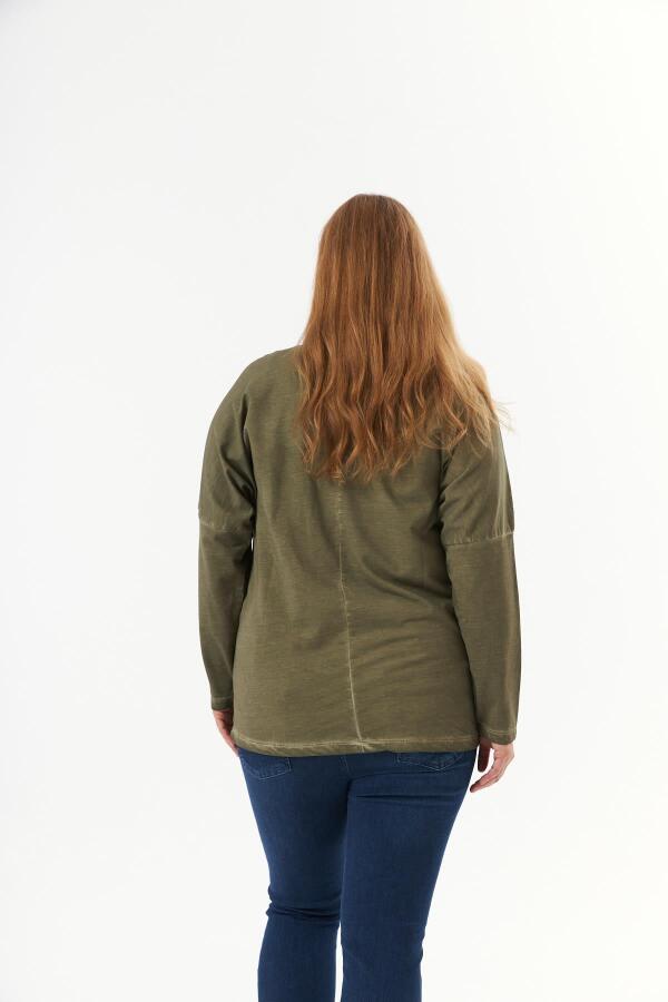 Büyük Beden Cep Detay Parça Boya Sweatshirt Haki - 7