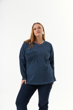 Büyük Beden Cep Detay Parça Boya Sweatshirt İndigo - 1
