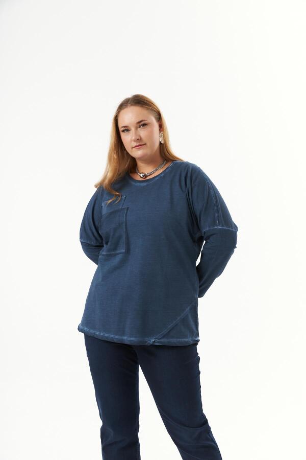 Büyük Beden Cep Detay Parça Boya Sweatshirt İndigo - 2