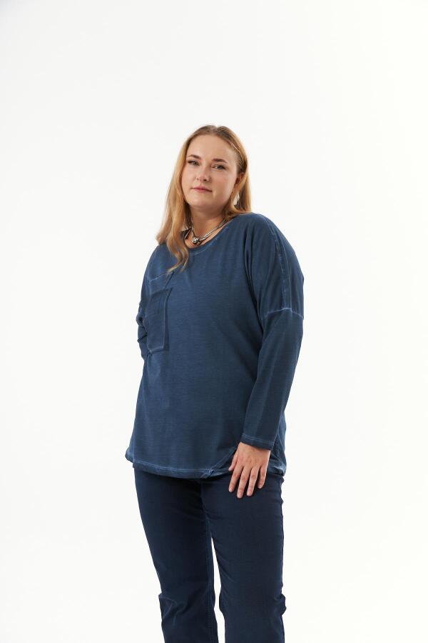 Büyük Beden Cep Detay Parça Boya Sweatshirt İndigo - 3