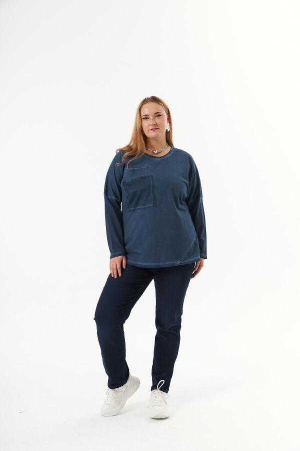 Büyük Beden Cep Detay Parça Boya Sweatshirt İndigo - 6