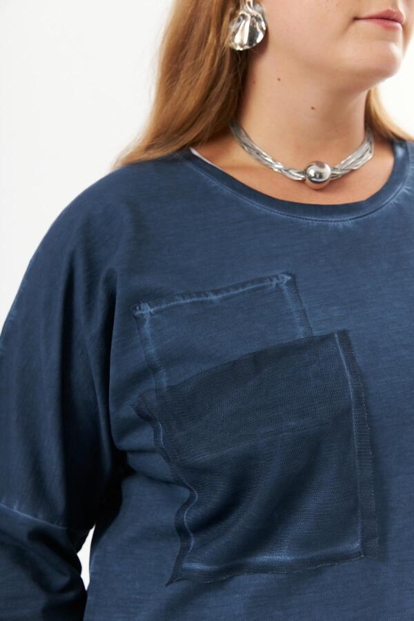 Büyük Beden Cep Detay Parça Boya Sweatshirt İndigo - 5