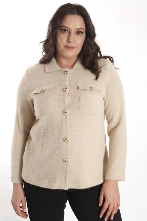 Büyük Beden Cep Detaylı Triko Bej Ceket - 1
