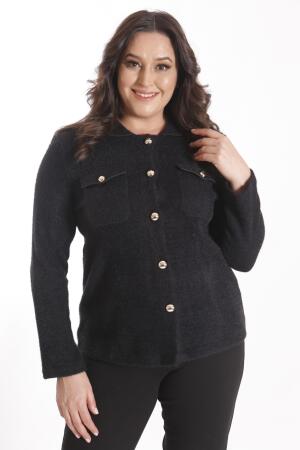 Büyük Beden Cep Detaylı Triko Siyah Ceket - 3