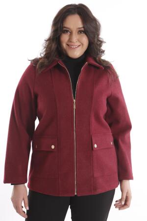 Büyük Beden Cep Kapaklı Fermuarlı Bordo Kaşe Kaban - Angelino Moda