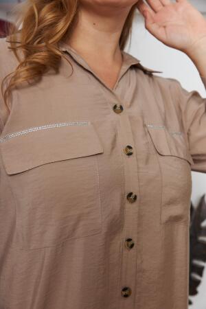 Büyük Beden Cep Taş Şerit Detaylı Düğmeli Elbise Krem - 4