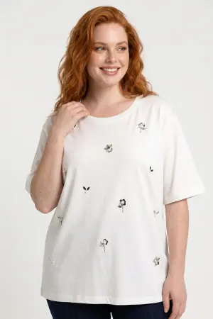Büyük Beden Çiçek Aplikeli Taş ve İnci Detaylı Bisiklet Yaka T Shirt - 1