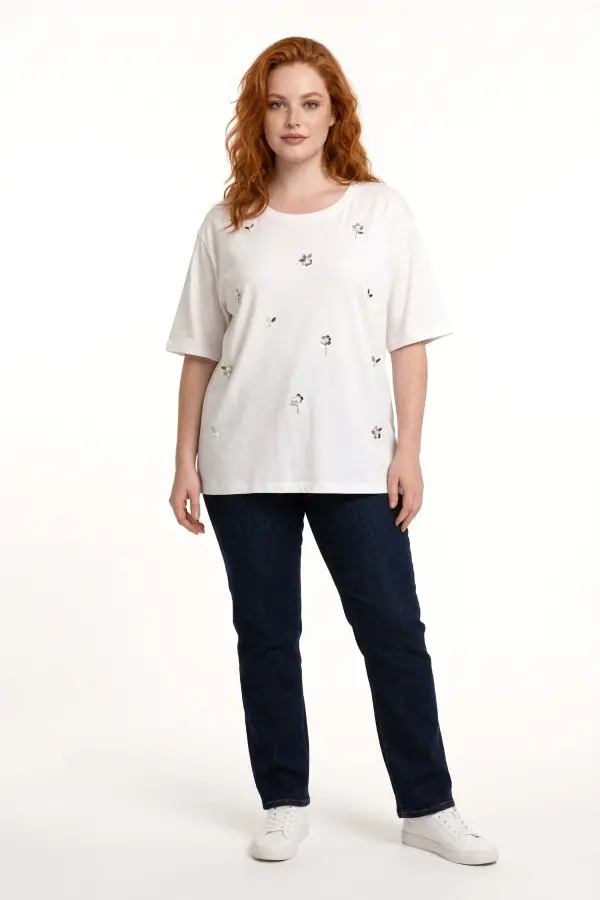 Büyük Beden Çiçek Aplikeli Taş ve İnci Detaylı Bisiklet Yaka T Shirt - 2