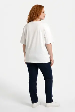 Büyük Beden Çiçek Aplikeli Taş ve İnci Detaylı Bisiklet Yaka T Shirt - 4
