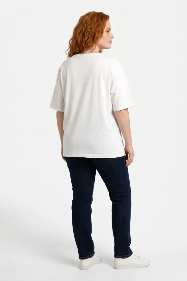 Büyük Beden Çiçek Aplikeli Taş ve İnci Detaylı Bisiklet Yaka T Shirt - 4