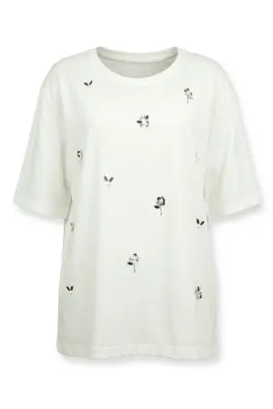 Büyük Beden Çiçek Aplikeli Taş ve İnci Detaylı Bisiklet Yaka T Shirt - 5