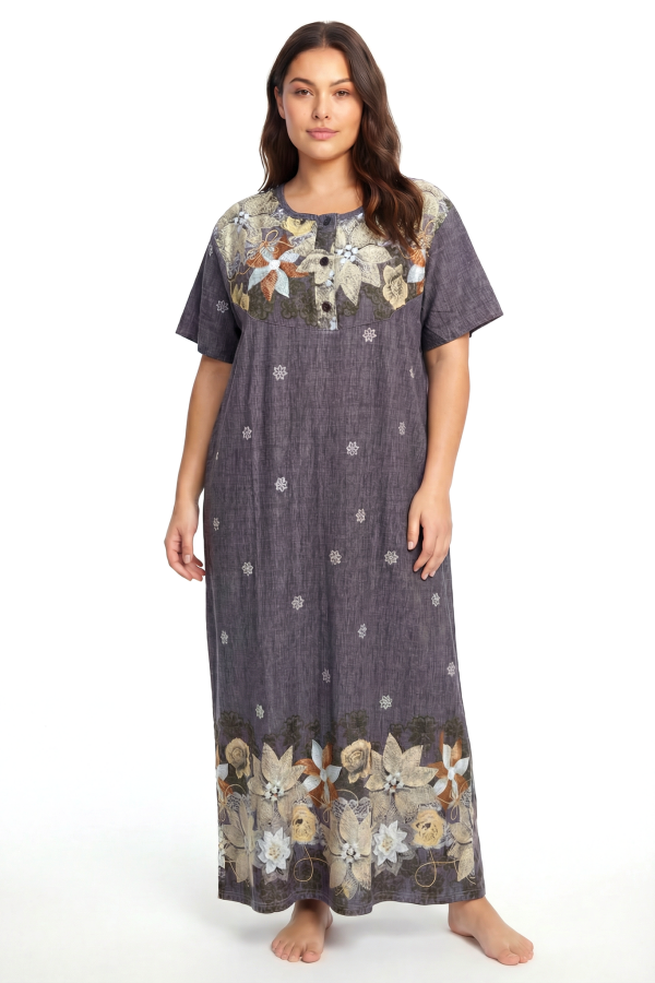 Angelino Büyük Beden Çiçek Desenli Kısa Kollu Anne Geceliği Kahve Renk - 1