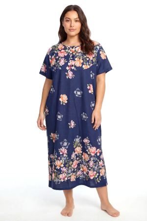 Angelino Büyük Beden Çiçek Desenli Kısa Kollu Anne Geceliği Lacivert - Angelino