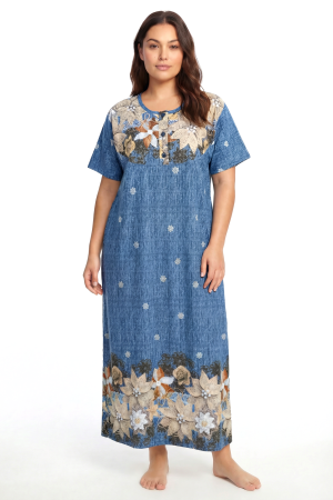 Angelino Büyük Beden Çiçek Desenli Kısa Kollu Anne Geceliği Mavi - Angelino