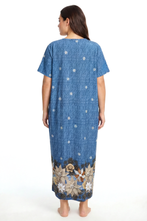Angelino Büyük Beden Çiçek Desenli Kısa Kollu Anne Geceliği Mavi - Angelino (1)